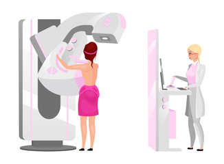 Physician making mammography screening flat vector illustration. Woman scanning breast with X ray machine concept. Breast cancer diagnosing Female patient doing radiography procedure cartoon character