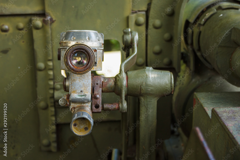 Optical sight of Soviet old artillery gun. WWII period. Fragment Stock ...