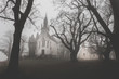 Spooky dark forest scene with dark and creepy looking chapel on a foggy winter evening