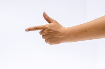 Wall Mural - Close up of hand with show finger pointing at something, Isolated on white background, place for text or sign.