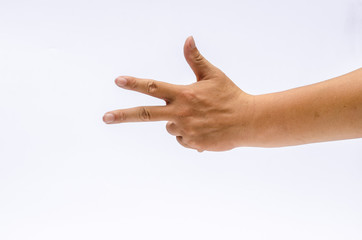 Wall Mural - Close up of hand with show three fingers up in the peace , Isolated on white background, place for text or sign. Positive concept.