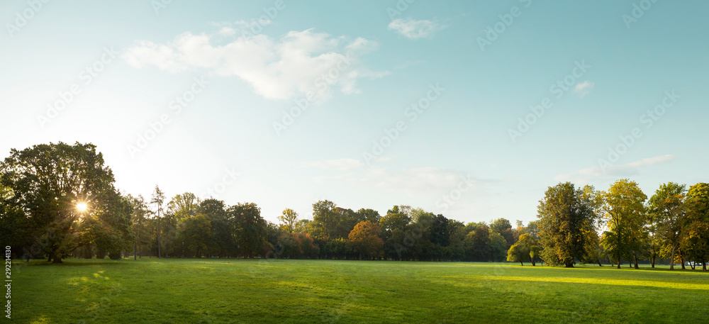 Beautiful panorama of city park in autumn - obrazy, fototapety, plakaty 