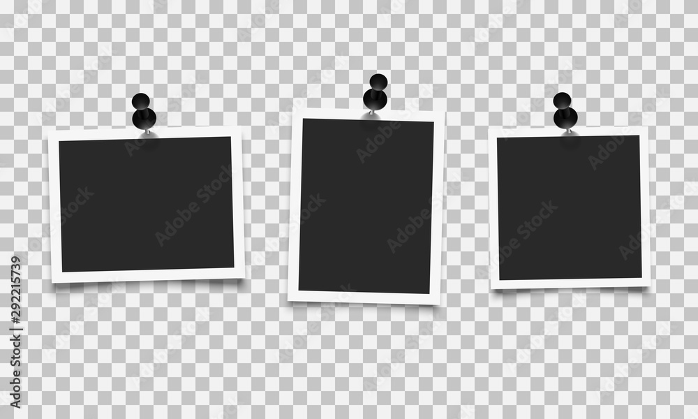 Set of empty photo frames with push pins - obrazy, fototapety, plakaty 