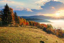 Amazing Countryside In Fall Season At Sunrise. Gorgeous View In To The Valley Full Of Glowing Fog. Sun Above The Distant Mountains. Fence Through Rural Field On The Hillside. Beautiful Autumn Landscap