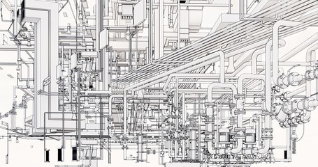Fototapete - Conceptual visualization of the BIM model utilities of the building at blueprint style