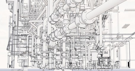 Fototapete - Conceptual visualization of the BIM model utilities of the building at blueprint style