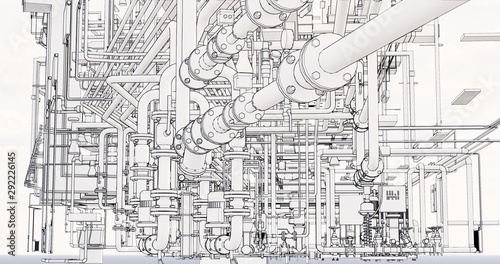 Fotomural Conceptual visualization of the BIM model utilities of the building at blueprint