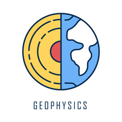 Sticker - Geophysics color icon. Study of Earth crust and core. Physics branch. Inner structure and composition of Earth lithosphere. Geology and geography research. Planet model. Isolated vector illustration