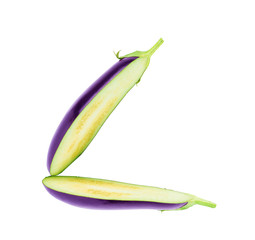 Eggplant cut into two halves on a white background