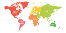 World Map Divided Into Six Continents. Each Continent In Different Color. Simple Flat Vector Illustration