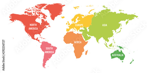 World map divided into six continents Tableau sur Toile