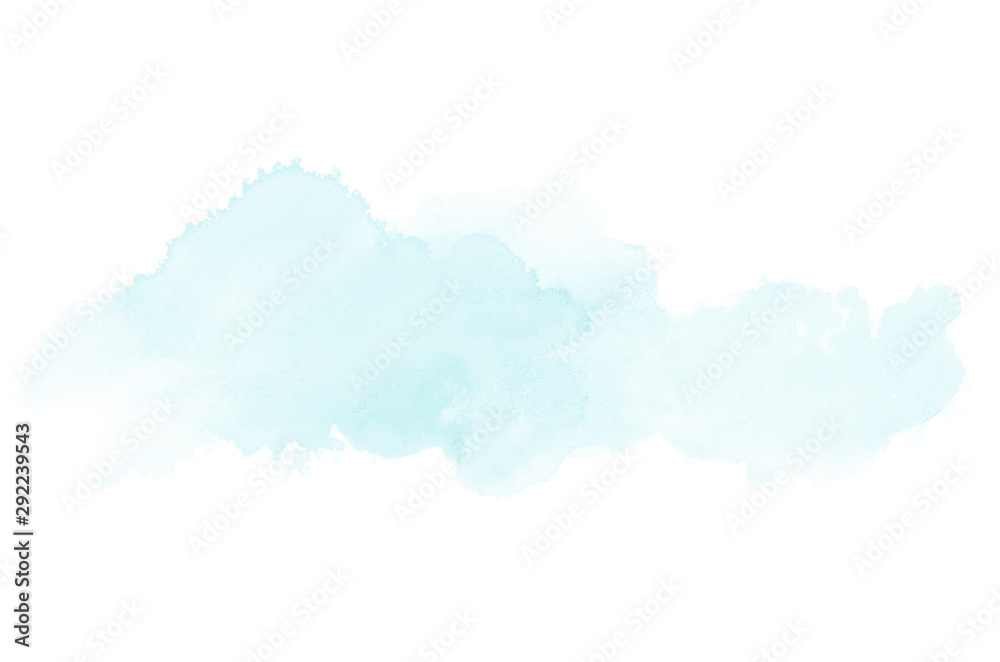 Abstract watercolor background image with a liquid splatter of aquarelle paint, isolated on white. Light blue tones - obrazy, fototapety, plakaty 