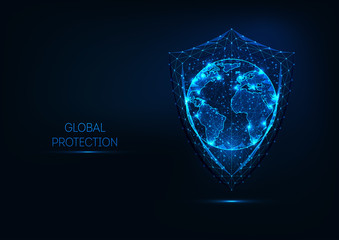 Wall Mural - futuristic glowing low polygonal shield and planet earth globe map isolated on dark blue background.