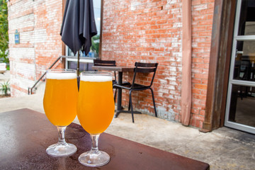 Two cold beers at outdoor cafe