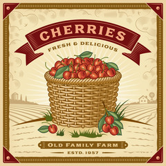 Wall Mural - Retro cherry harvest label with landscape. Editable EPS10 vector illustration with clipping mask and transparency in woodcut style.