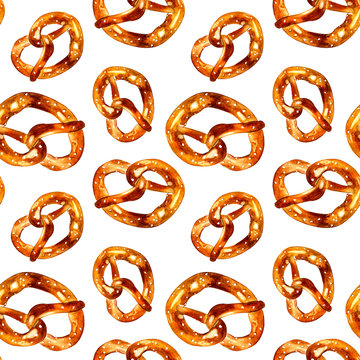 watercolor illustration. hand drawing. Seamless pattern of pretzels.