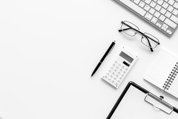 Minimalistic white office desk flat lay space for text top view