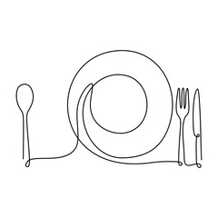 Wall Mural - One continuous line plate, knife and fork. Vector illustration minimalist design.