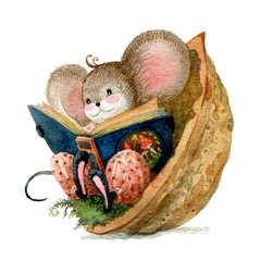 Wall Mural - Hygge atmosphere. A little mouse reads fairy tales sitting in a walnut shell. Watercolor illustration