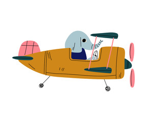 Poster - Elephant Pilot Flying on Retro Plane in the Sky, Cute Animal Character Piloting Airplane Vector Illustration