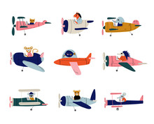 Collection Of Cute Animals Pilots Flying On Retro Planes In The Sky, Elephant, Cat, Fish, Horse, Hedgehog, Coala, Mouse, Bear, Humanized Animals Characters Piloting Airplane Vector Illustration
