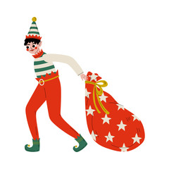 Wall Mural - Christmas Elf Character Pulling Bag Full of Gifts, Cute Boy Santa Claus Helper Vector Illustration