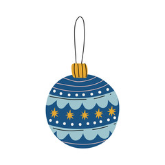 Poster - Blue Bauble Ball Traditional Christmas Decoration, New Year Decorative Element Hanging on Ribbon Vector Illustration