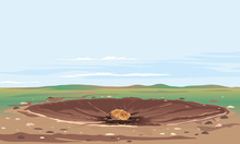 Asteroid Crater With Cracks And Stones At The Bottom Landscape Background, Large Hot Asteroid Lies In Center Of Crater On Field In Day, Nature Disaster Concept Illustration Background