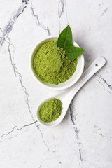 Top view of organic green matcha tea?powder