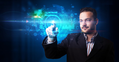 Poster - Man touching hologram screen displaying medical symbols and charts