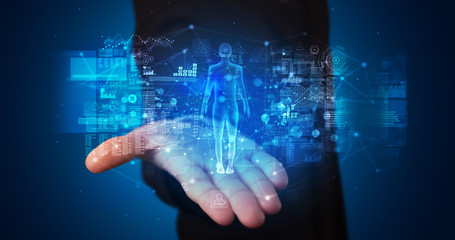 Aufkleber - Young person holding hologram projection displaying health related graphs and symbols