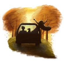 Highway Drive With Beautiful Autumn Forest Sunrise Landscape. Travel Road Car View. Happy Free Couple With Dog In Car Driving With Arms Raised.