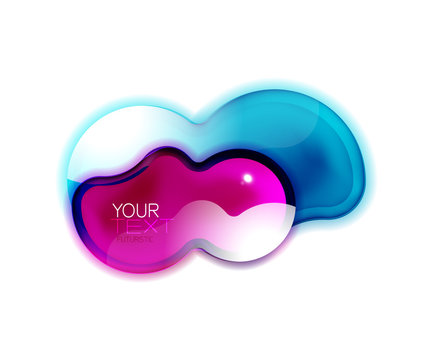 Abstract glossy shiny shape. Liquid glass splash design with sample text. Promotion web box, clean futuristic techno frame