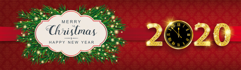 Wall Mural - Red Ornaments Christmas Emblem Clock 2020 Twigs header