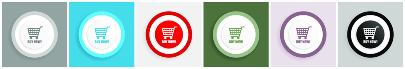 Aufkleber - Buy now icon set, colorful flat design vector illustrations in 6 options for web design and mobile applications