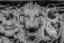 Ancient Lion Head Relief On The Wall. Mythology Stone Art Bas-relief. Uvarov Sarcophagus Dating From 210 AD
