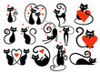 Set of black cats with hearts. Collection of cats in love. Vector illustration for kids. Tattoo.