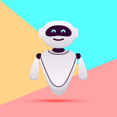 white robot or chat bot with artificial intelligence on pink blue colored pastel background