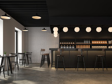 The Coffee Shop With Industrial Loft Style Design Has Concrete Floors, White Brick Walls, Black Ceilings, Wooden Counter Bar Decorated With Black Metal Mesh. Decorate With Beautiful Lamp,3d Render