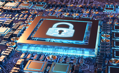 Fototapete - close-up view of a modern gpu card with padlock protection 3d rendering