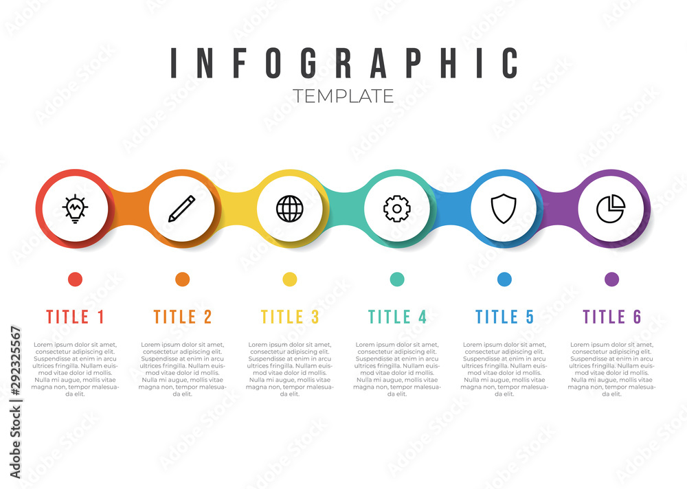 infographic list template element with horizontally 6 points and icons - obrazy, fototapety, plakaty 