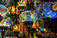 Colorful Turkish Glass Lamps For Sale At The Street Market In Bodrum, Turkey. Close Up