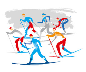 Sticker - Nordic ski race, crosscountry skiers..  A expressive stylized drawing of cross-country ski competitors. Vector available.