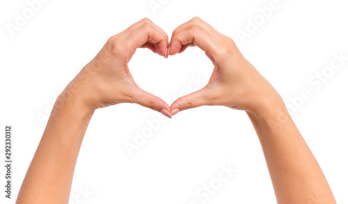 Cuadros en Lienzo Female hands making sign Heart by fingers, isolated on white background