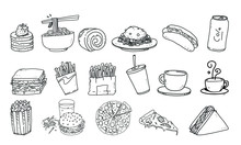 Set Of Food And Drink Vector Illustration. Fast Food Detail Lineart Illustration On Isolated Background