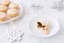Mince Pies On Plates, Christmas Decoration And Christmas Lights