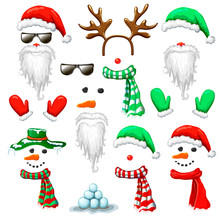 Big Vector Set Of Christmas And New Year Photo Booth And Props. Vector Holiday Mask Clip Art Isolated On White. Santa Hat And Beard Snowman Reindeer Head Costume With Accessories. Xmas Cartoon