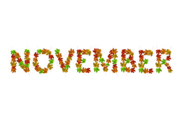 Aufkleber - Phrase november of yellow, green and orange maple autumn leaves close-up. Isolate on white background. autumn or fall concept.