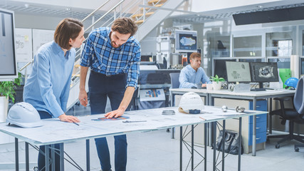 Poster - In the Busy Engineering Agency: Diverse Group of Engineers, Technicians, Specialists Working on Design for Industrial Engine Prototype. Professionals Talk, Work with Drawings, Use Computers