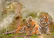 Digital Watercolor Painting Of Beautiful Image Of Tigress Relaxing On Grassy Hill With Cub